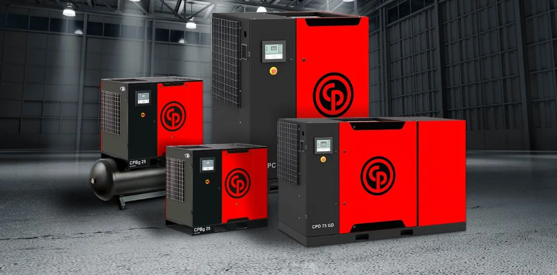 Chicago Pneumatic rotary screw air compressors including CPBg 25 and CPD 75 GD in an industrial plant
