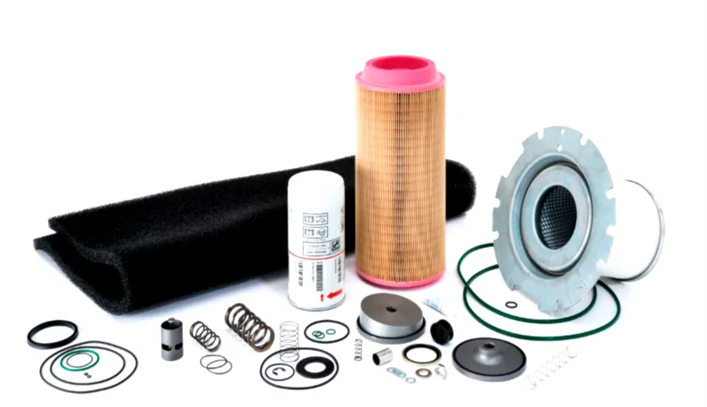 Chicago Pneumatic compressor service kit contents laid out, including air filter element, oil filter, separator element, o-rings and springs